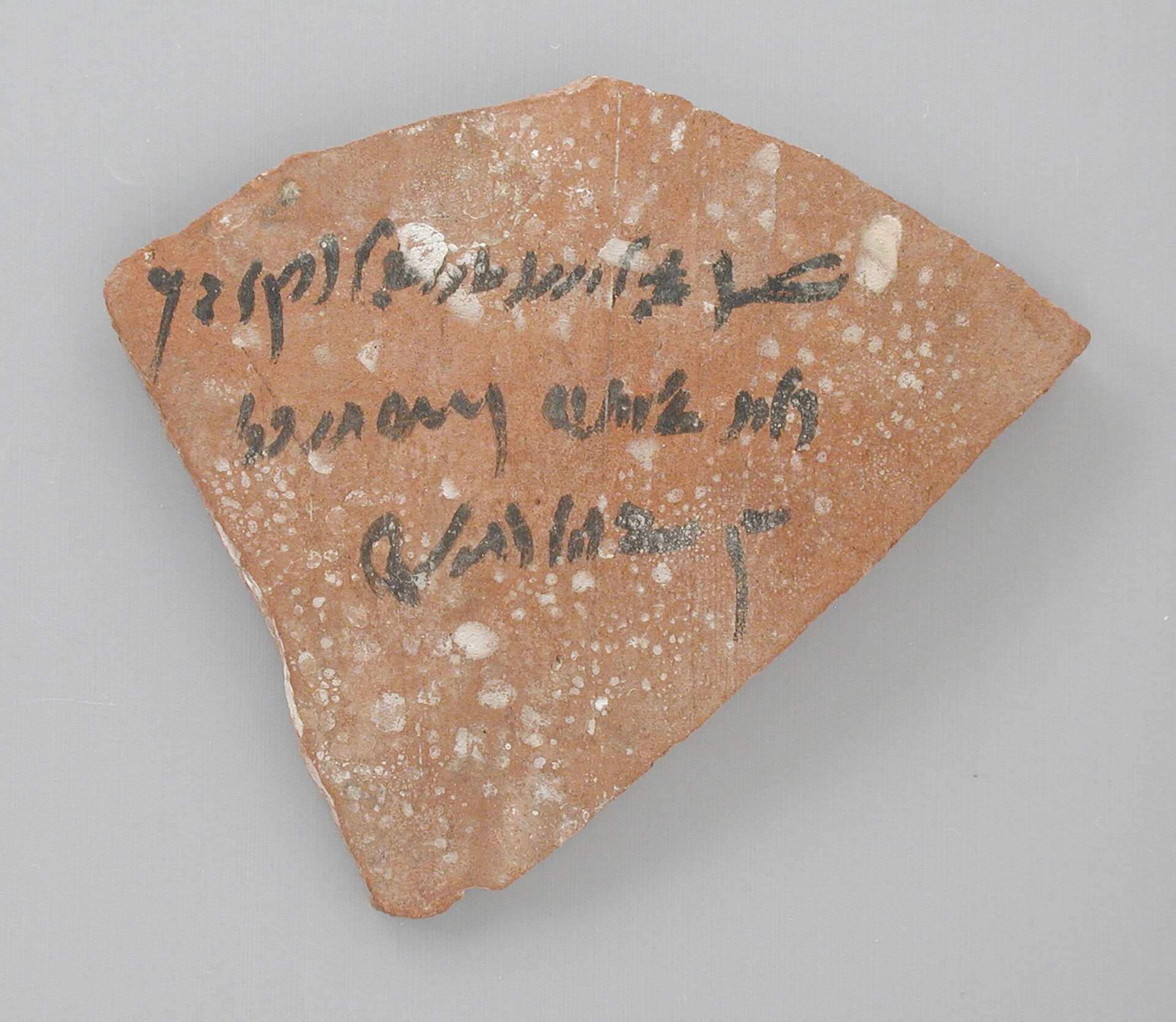 Broken pottery sherd covered with lines of handwritten Demotic Egyptian script in dark ink.