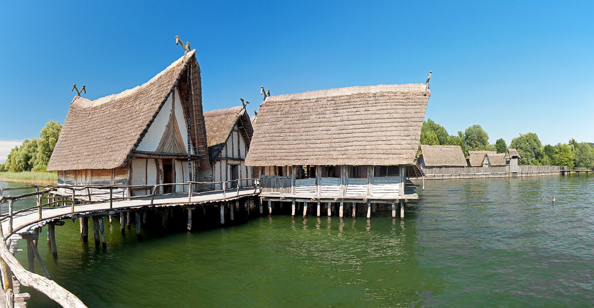 Reconstructed stilt houses standing in a lake