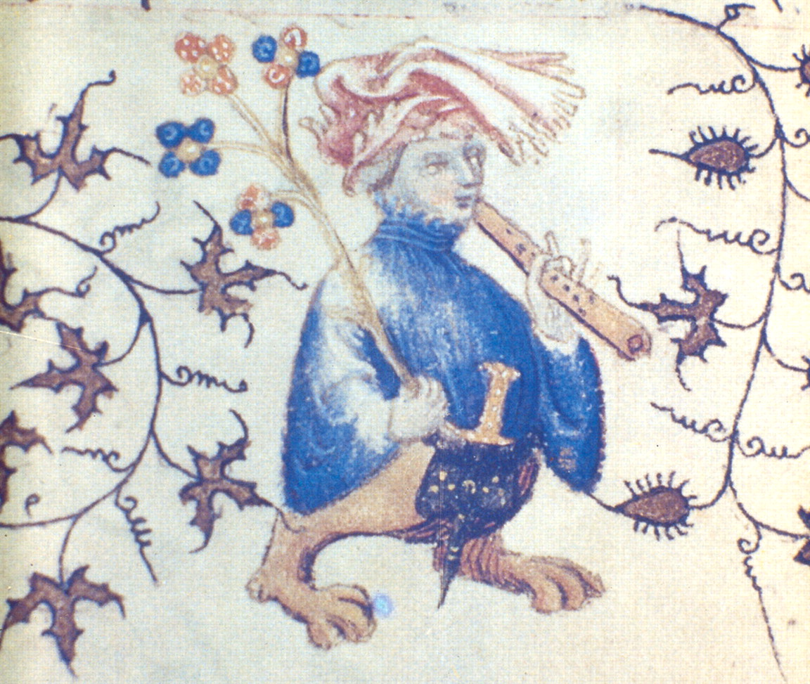 Illuminated manuscript margin with grotesque figure playing flute