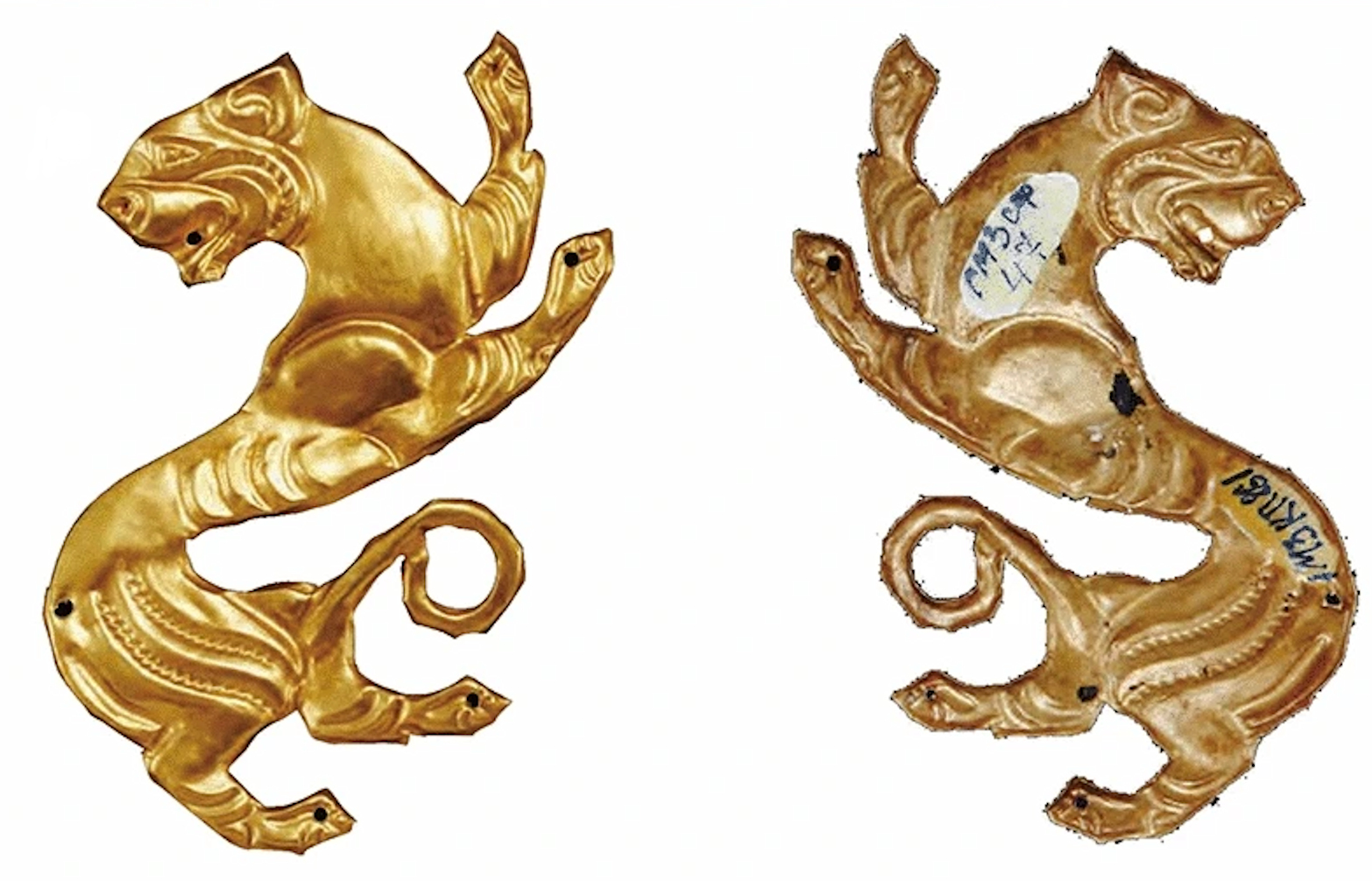 Small gold plaques shaped like stylized tigers from a Scythian-era burial