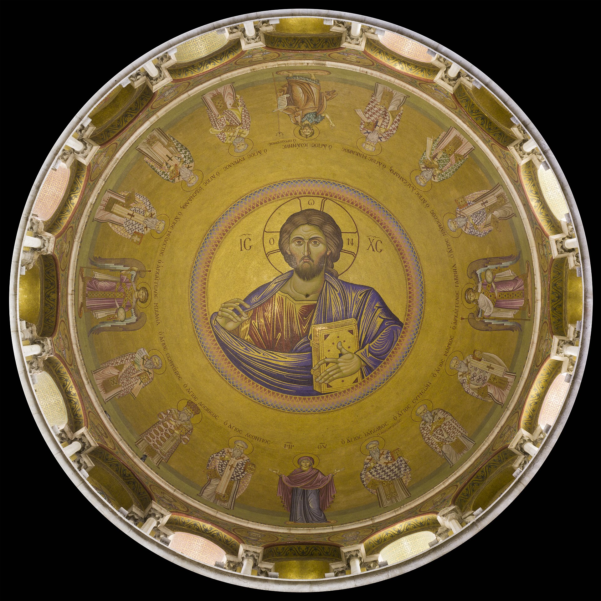 Circular dome mosaic of Christ seen from below