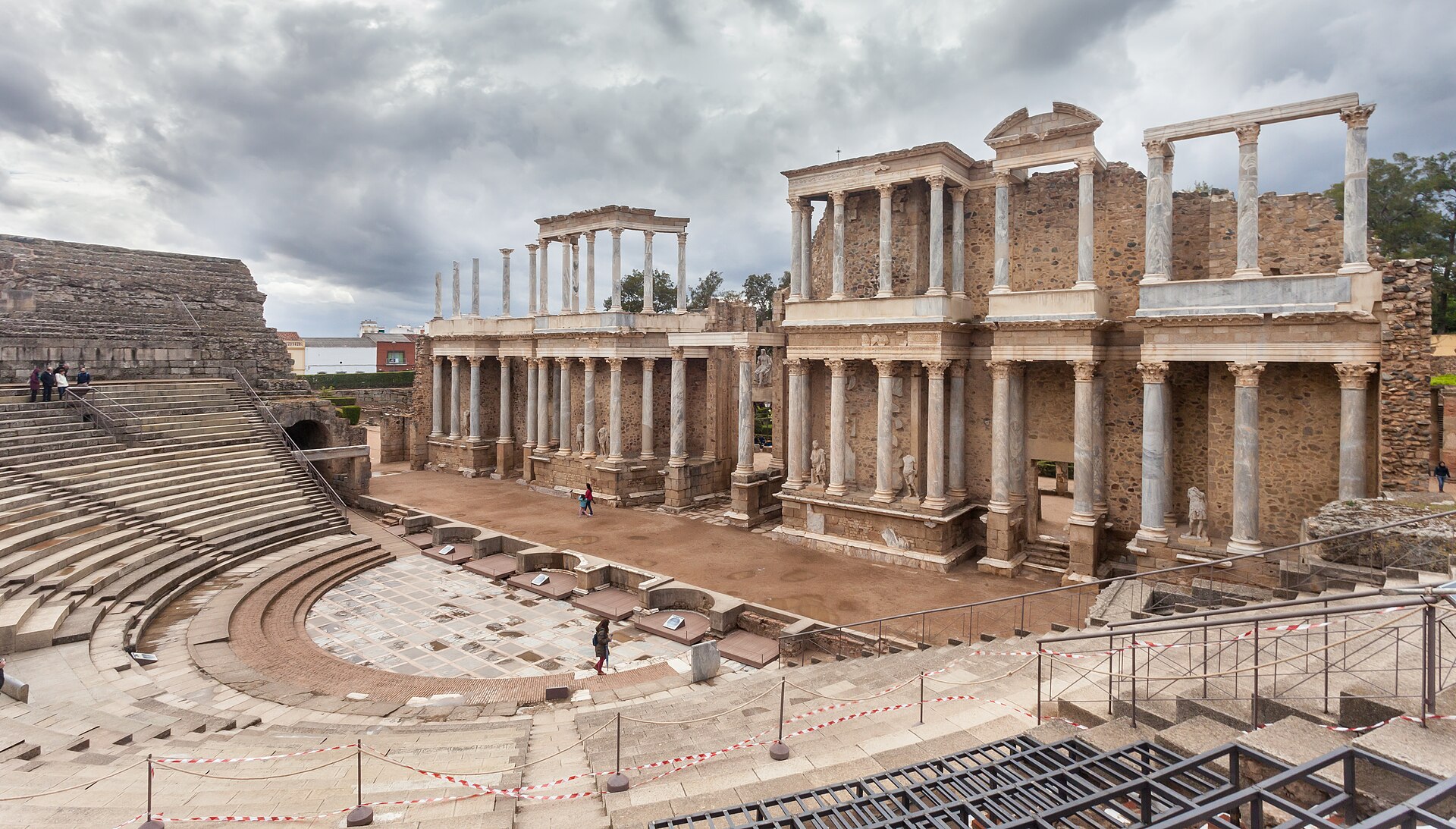 Stone columns and stage of the Roman theatre in Mérida, Spain