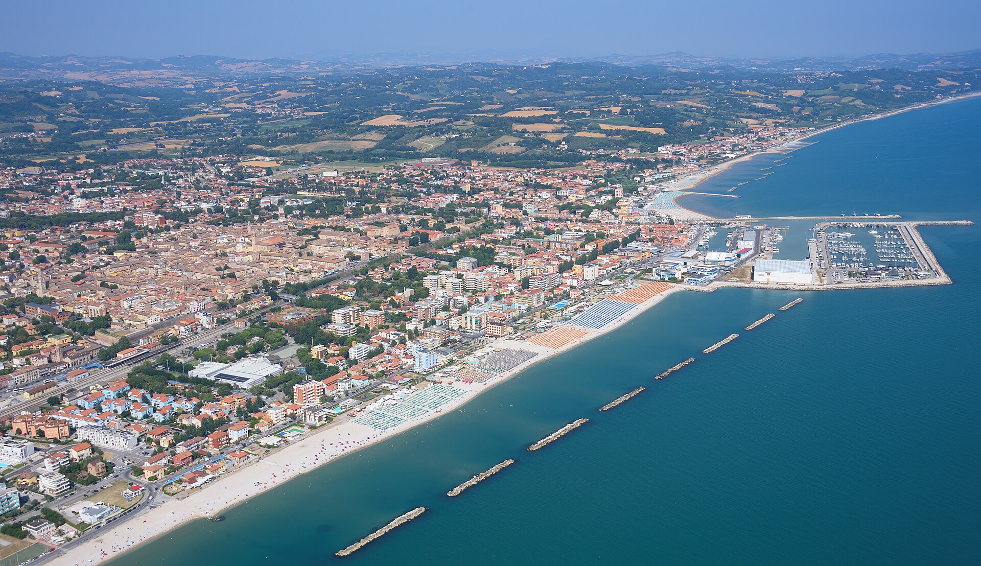 Aerial photograph of the coastal town of Fano with its historic centre
