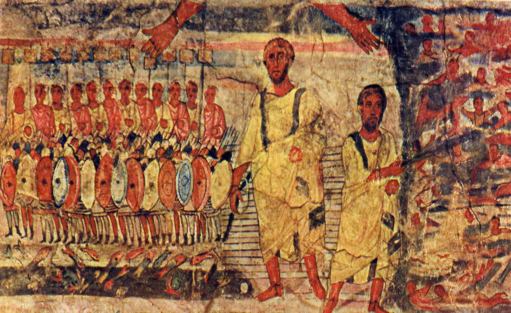 Ancient wall painting of figures crossing the Red Sea