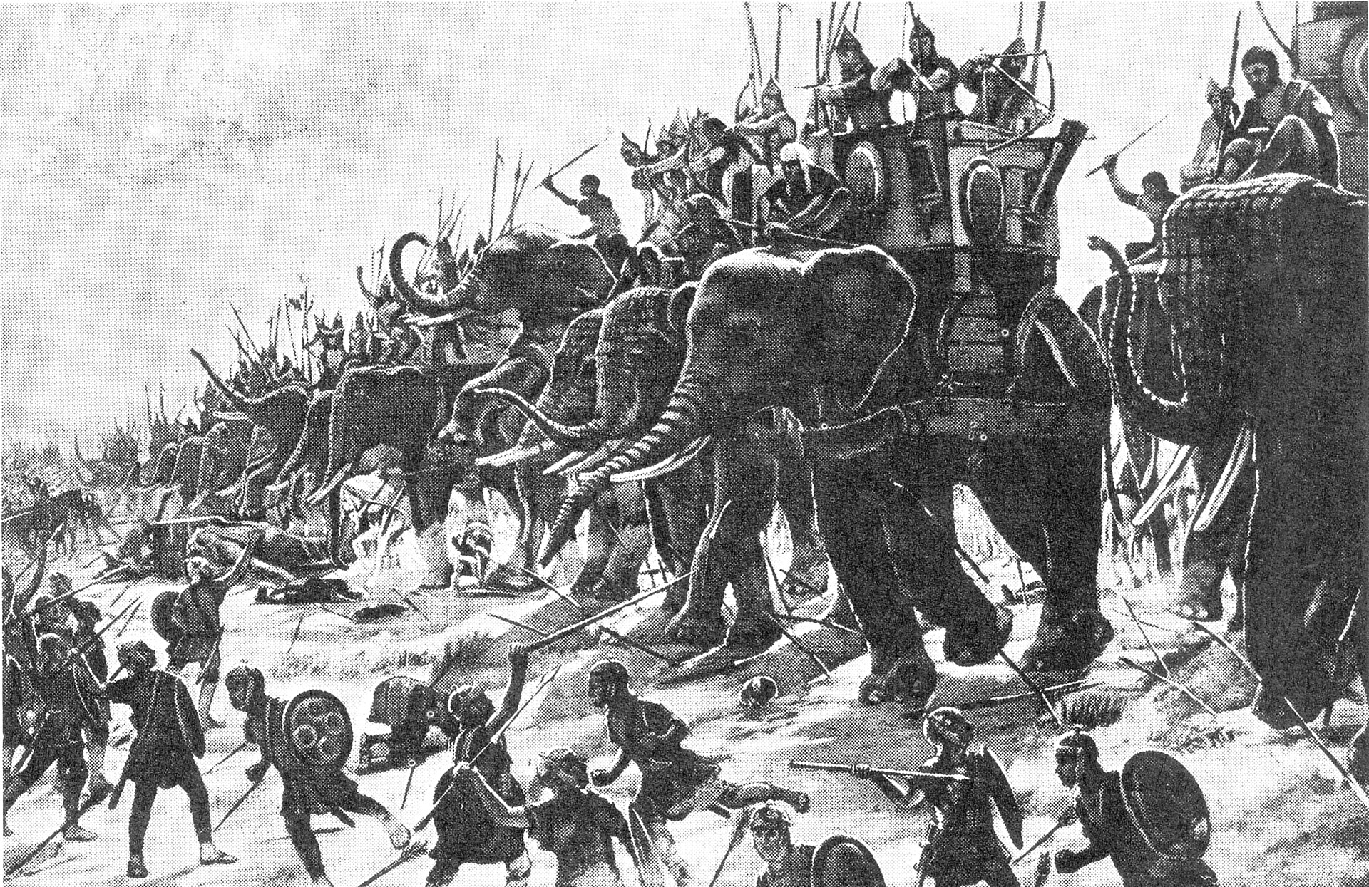 Painting of war elephants attacking Roman soldiers
