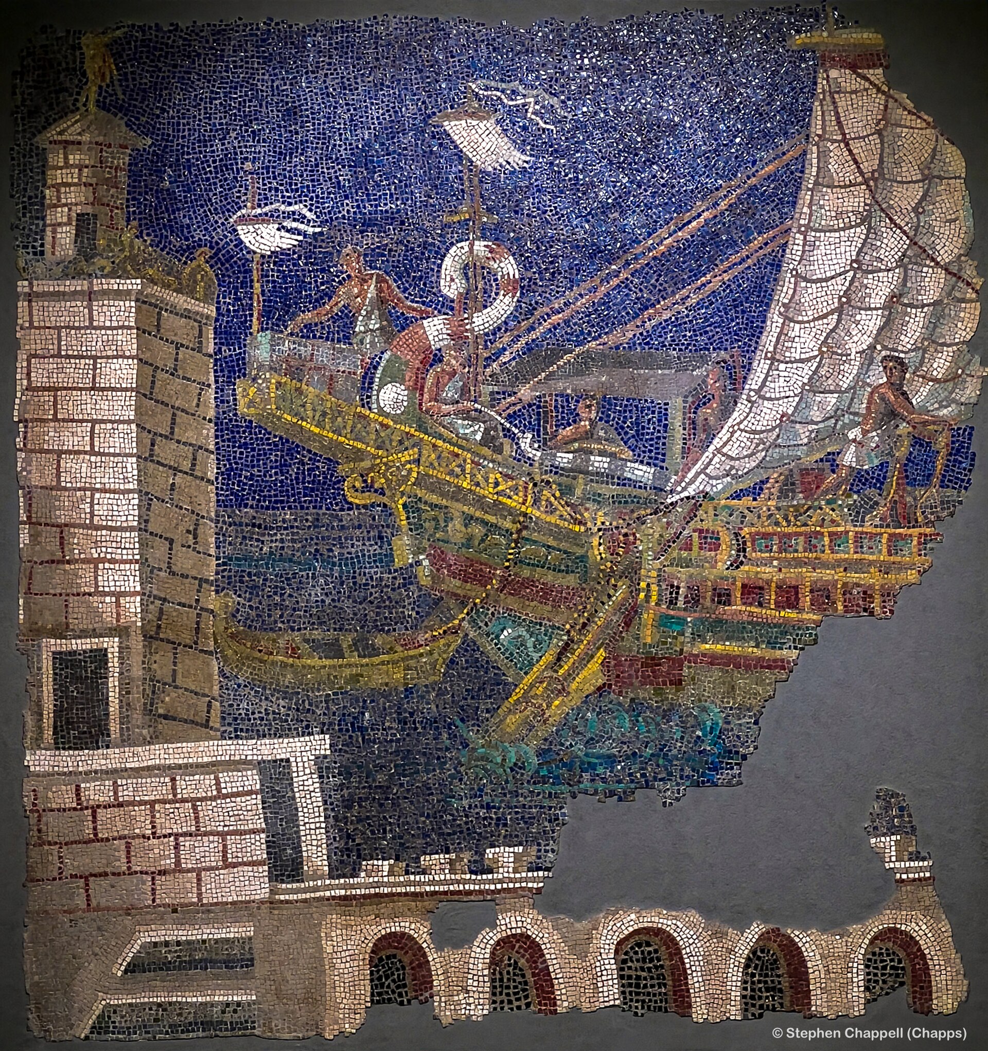 Mosaic of a Roman ship and the Alexandria lighthouse
