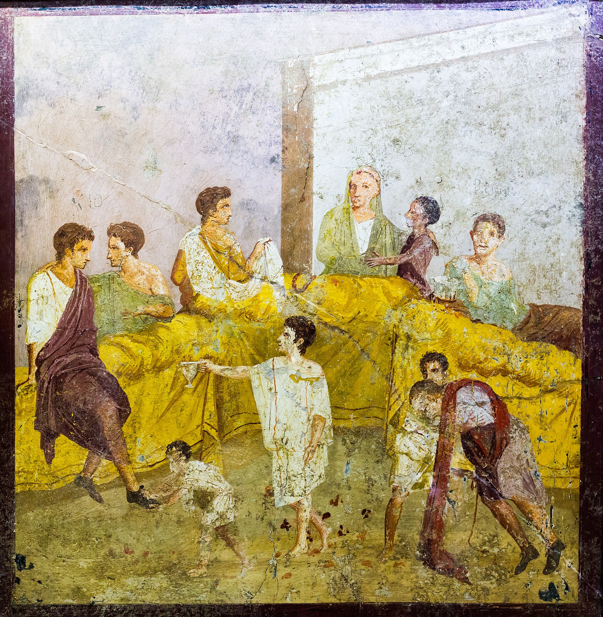 Roman fresco of a banquet with incised words