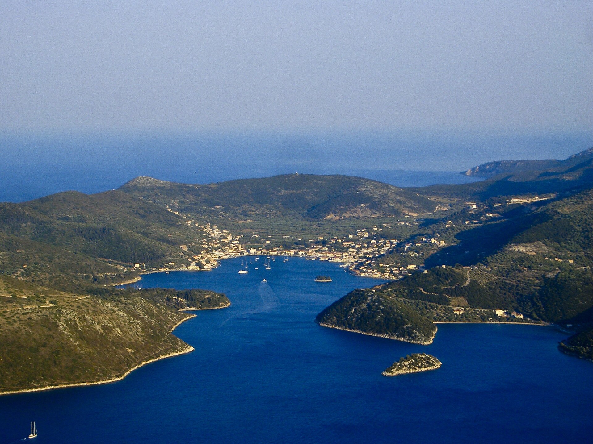 View over bays and green hills of Ithaca