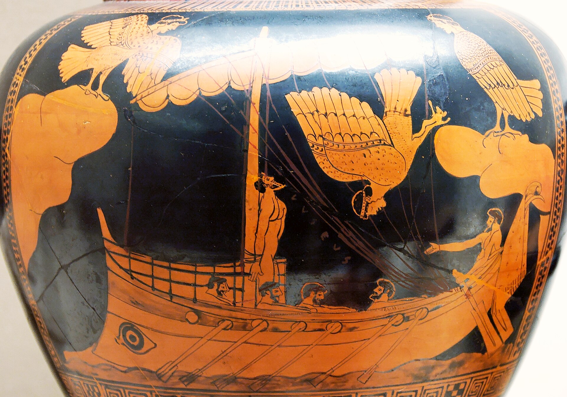Red-figure vase painting of Odysseus tied to a ship's mast with Sirens