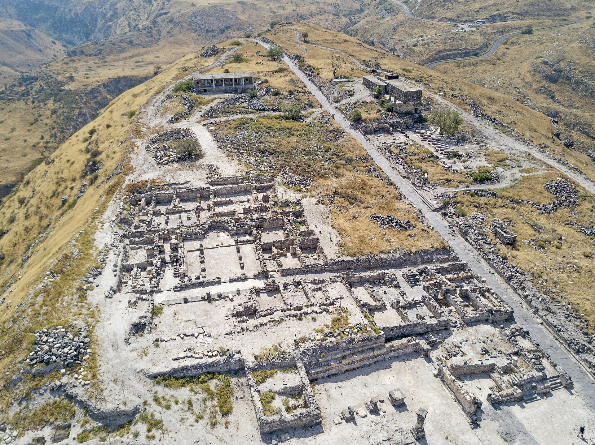 Aerial photograph of ancient ruins of Hippos on a hilltop in northern Israel
