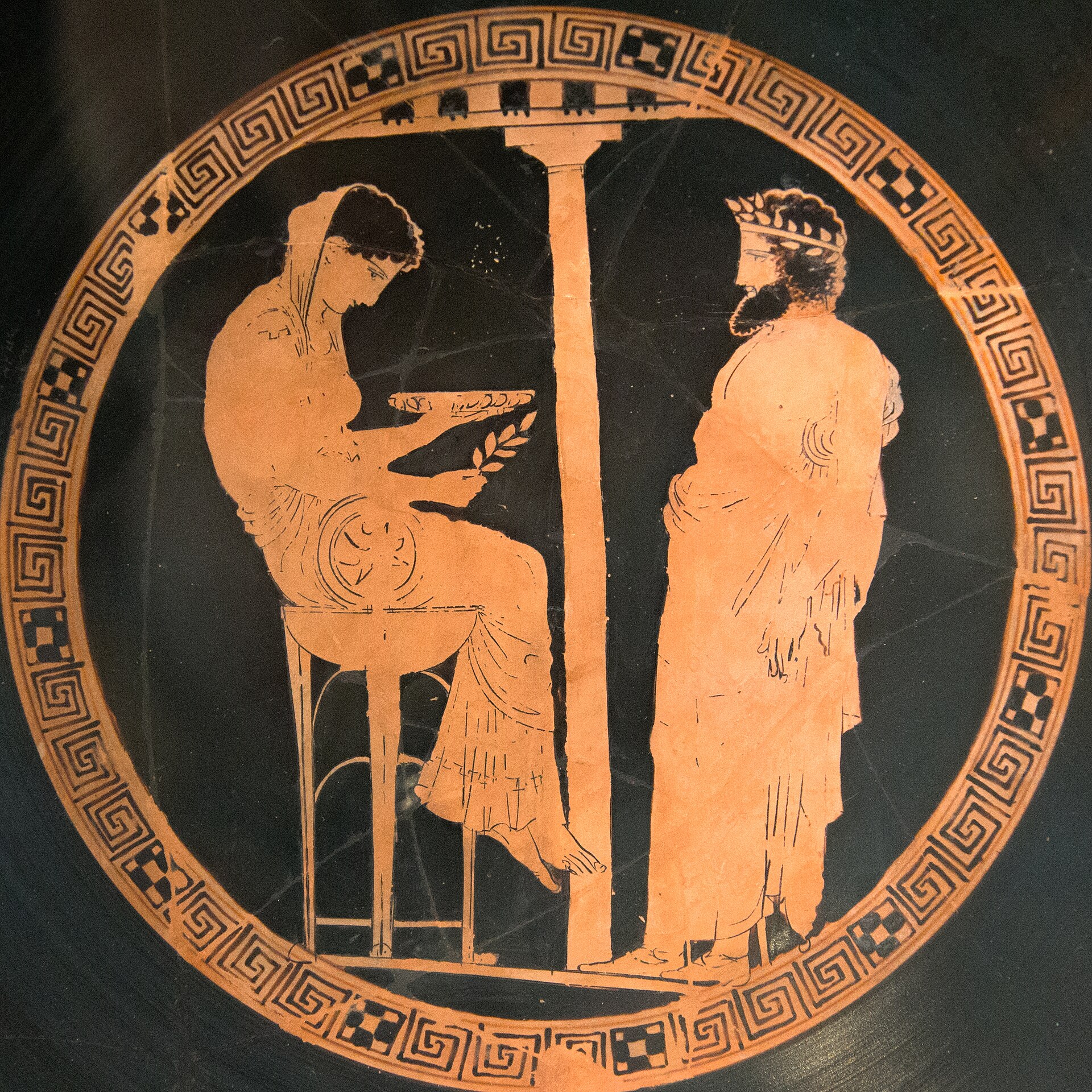 Red-figure vase painting of a king before the seated Pythia