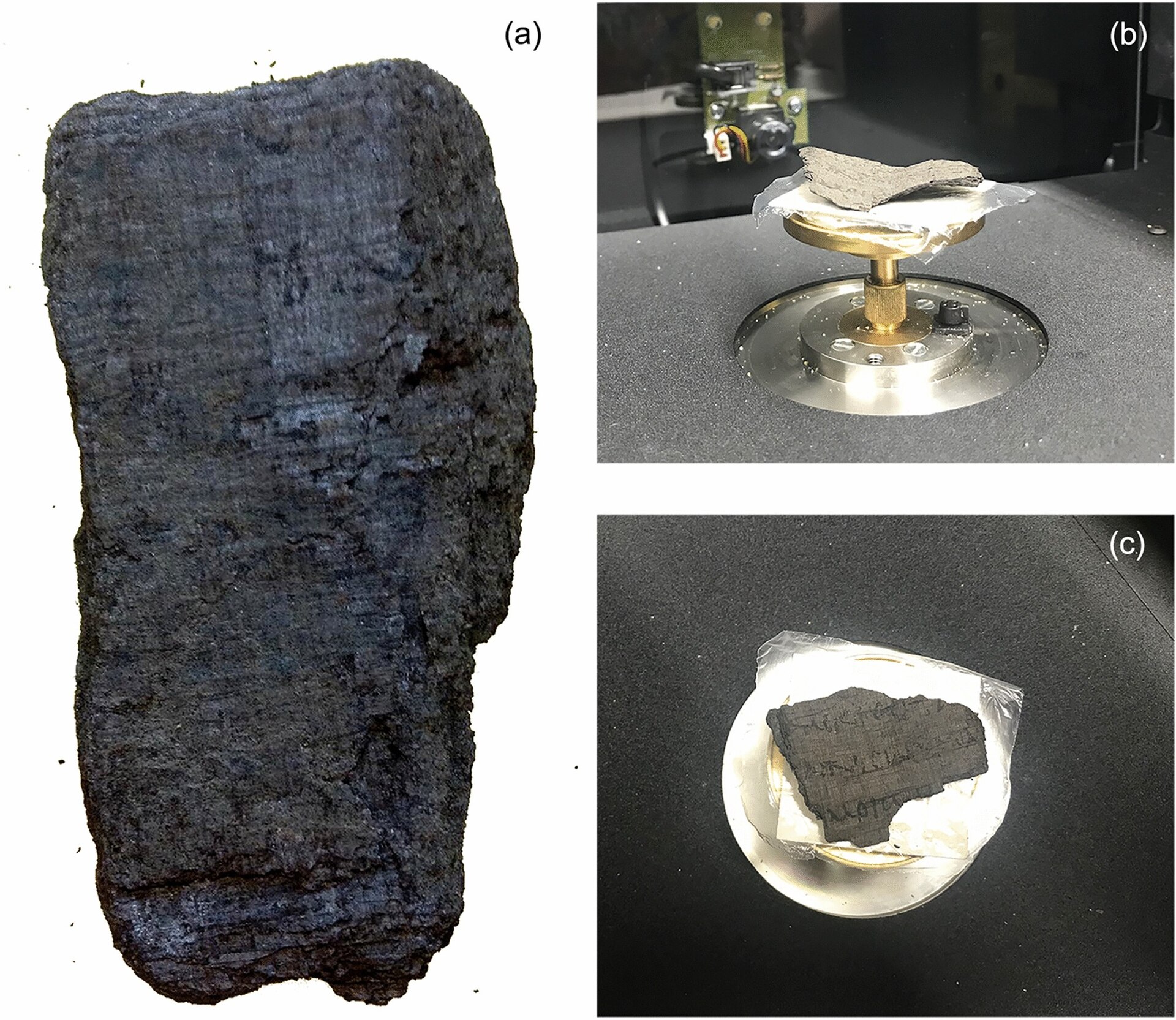 Blackened, carbonized fragments of ancient papyrus scrolls from Herculaneum